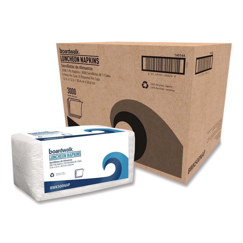 Boardwalk 1-Ply White Disposable Napkins, 6 Packs of 500, 3000 Total, 12" x 12, Quarter-Folded, Absorbent Textured Paper, Made in the USA