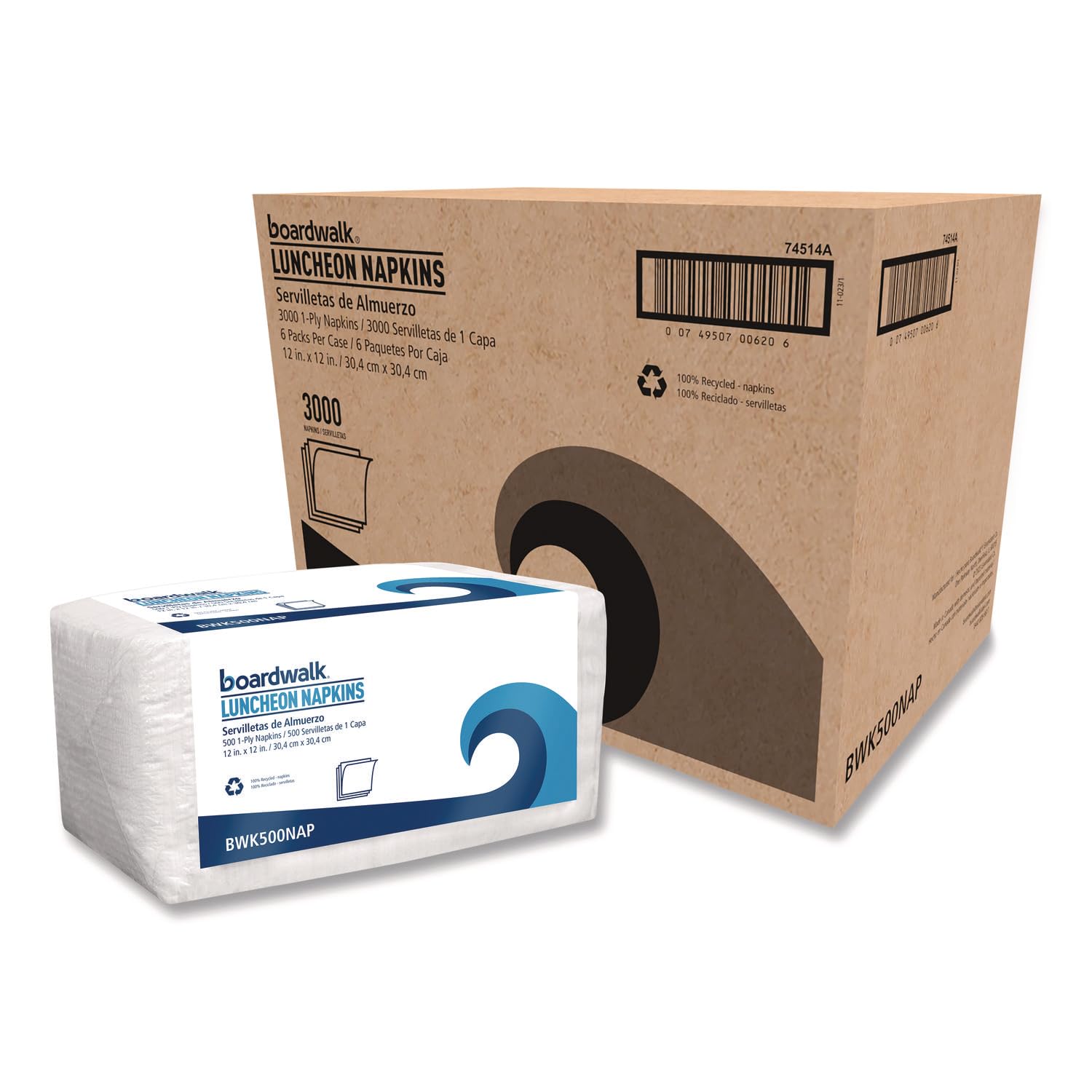 Boardwalk 1-Ply White Disposable Napkins, 6 Packs of 500, 3000 Total, 12" x 12, Quarter-Folded, Absorbent Textured Paper, Made in the USA