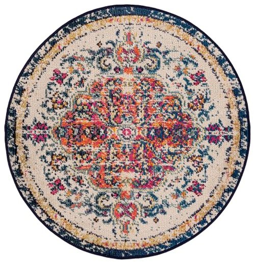 SAFAVIEH Madison Collection Area Rug - 3' Round, Ivory & Orange, Boho Chic Medallion Distressed Design, Non-Shedding & Easy Care, Ideal for High Traffic Areas in Living Room, Bedroom (MAD447A)