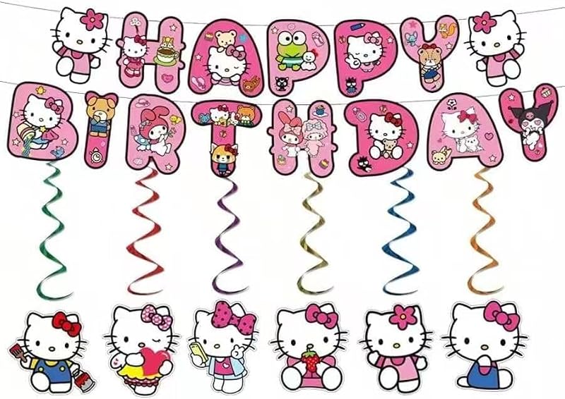 Pink Happy Birthday Banner with 6 Cat Hanging Swirls for Party Decorations