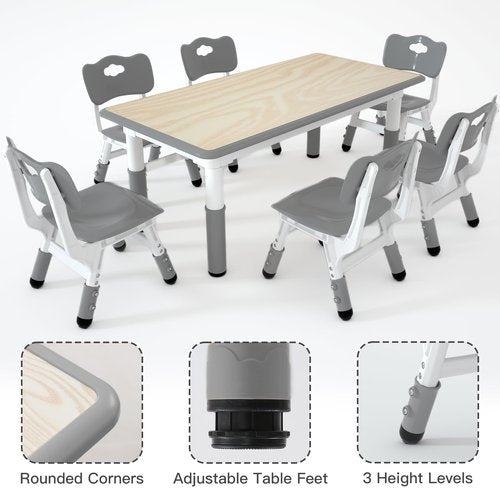 LulliSpace Kids Table and 6 Chairs Set，Height Adjustable Children Table & Chair，Toddlers Study Multi-Activity Table with 47.2"x23.6" Wipe-Clean Desktop，for Classrooms, Homes & Daycares