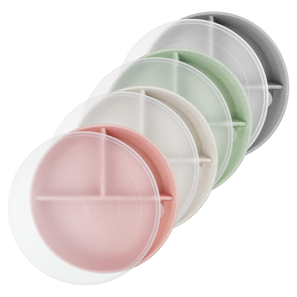 greenandlife 9 Inch 4PCS Divided Plates with Lids, Portion Control Plates for Kids Adults, Dishwasher Microwave Safe Compartment Plate, Unbreakable Lightweight Reusable Wheat Straw Plate Set, INS