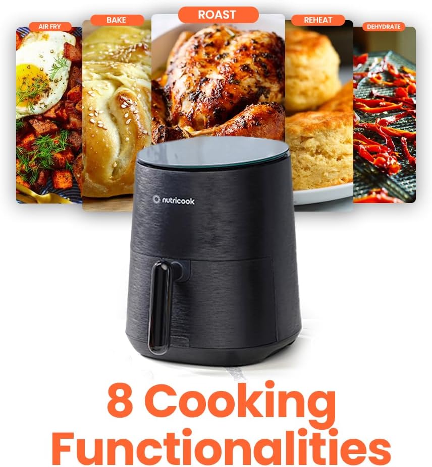 Nutricook Air Fryer - 8 Preset Functions, 3.5 Quart Compact Design, Tempered Glass Control Panel, Black