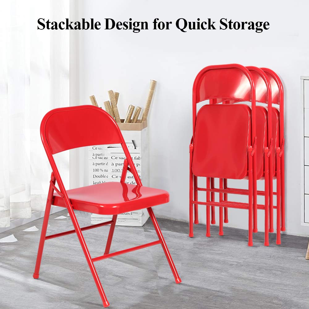 VECELO Metal Folding Chairs 4 Pack, Double Hinged Steel Frame Easy Foldable&Stackable for Office Kitchen Dinning Wedding Patio and Garden,Classic Red,Set of 4