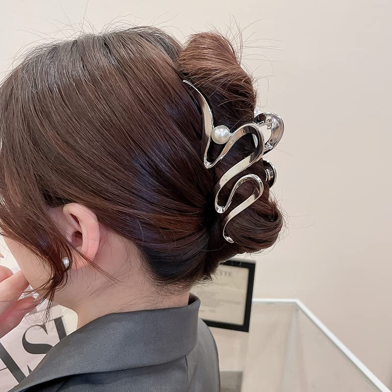 Silver Metallic Ribbon Pearl Hair Claw Clip Large Non-Slip Hair Clamp
