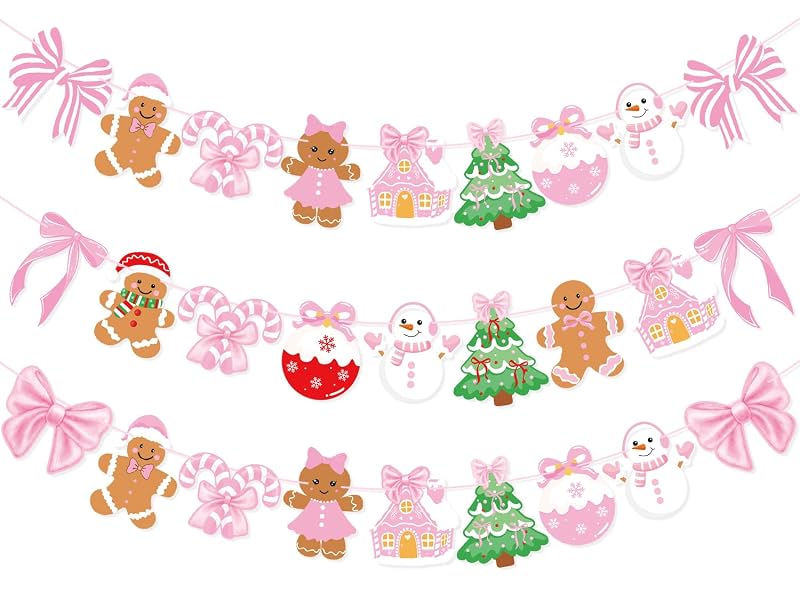 Pink Gingerbread Christmas Banner Set - 3 Piece Wall Garland with Bows