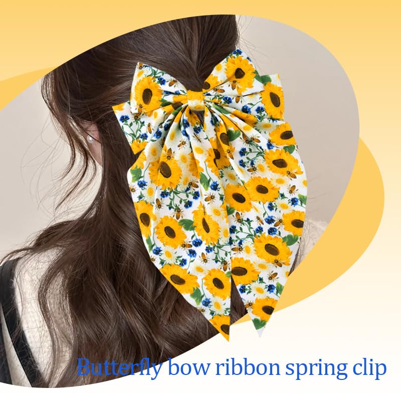 Sudaporn Sunflower Print Large Hair Bow Clip Long Tail Floral Barrettes