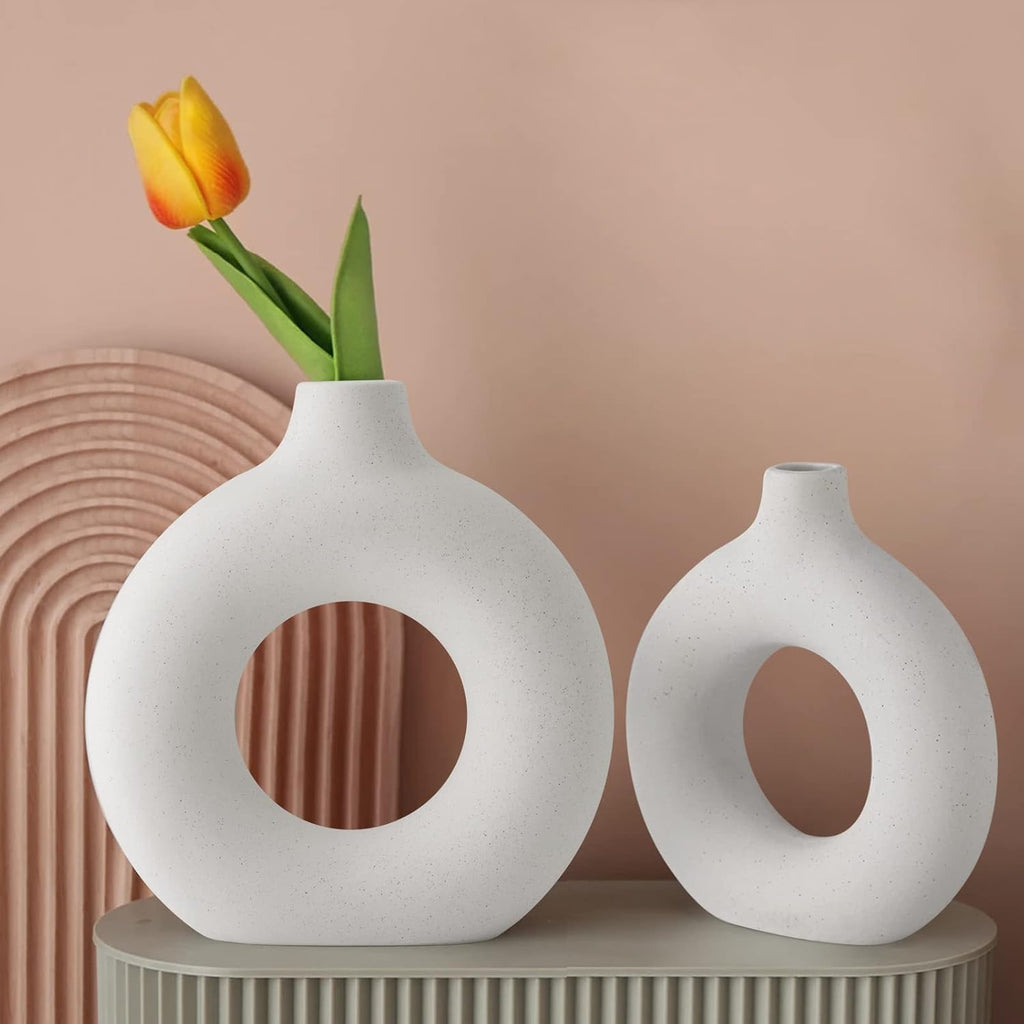 Skiennix White Ceramic Vases - Modern Round Pampas Grass Decor | Set of 2 for Minimalist Home & Office