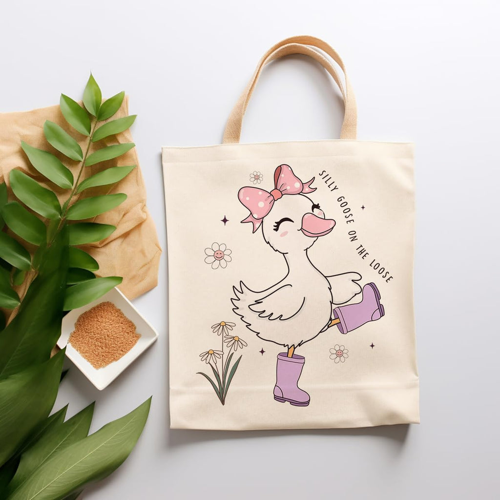 Silly Goose Canvas Tote Bag With Inner Pockets,Cute Reusable Bag for Lunch Grocery Shopping and Beach,Women Lady Canvas Cotton Tote,Birthday Gifts for Goose Lovers