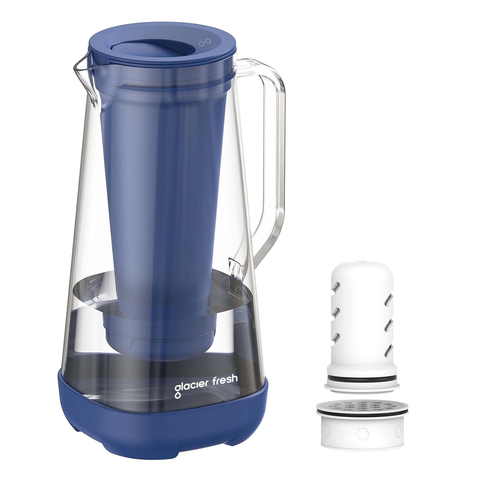 GLACIER FRESH 7 Cup Purela Glass Water Pitcher with 1 Ultrafiltration Membrane and Activated Carbon Filter, Reduces 99% Chlorine, PFOA&PFOS, Coliforms, BPA Free Materials, Blue