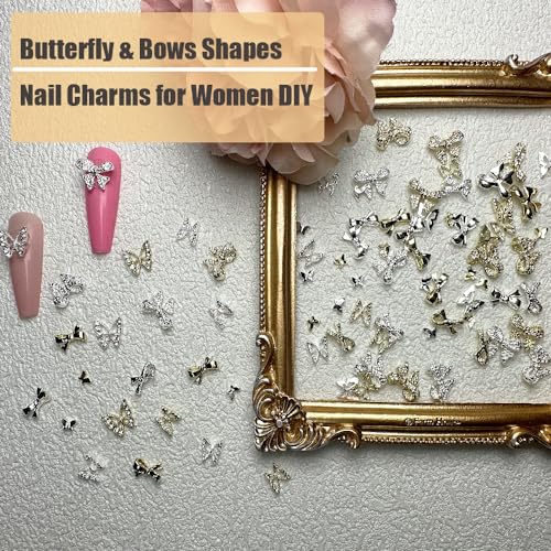 84 PCS Butterfly and Bow Nail Charms - Gold & Silver Nail Art Gems