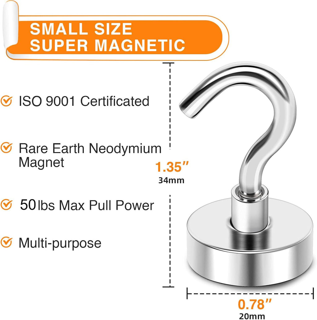 MIKEDE Magnetic Hooks - Heavy Duty 50Lbs+ Neodymium Magnet Hooks for Storage | Pack of 4