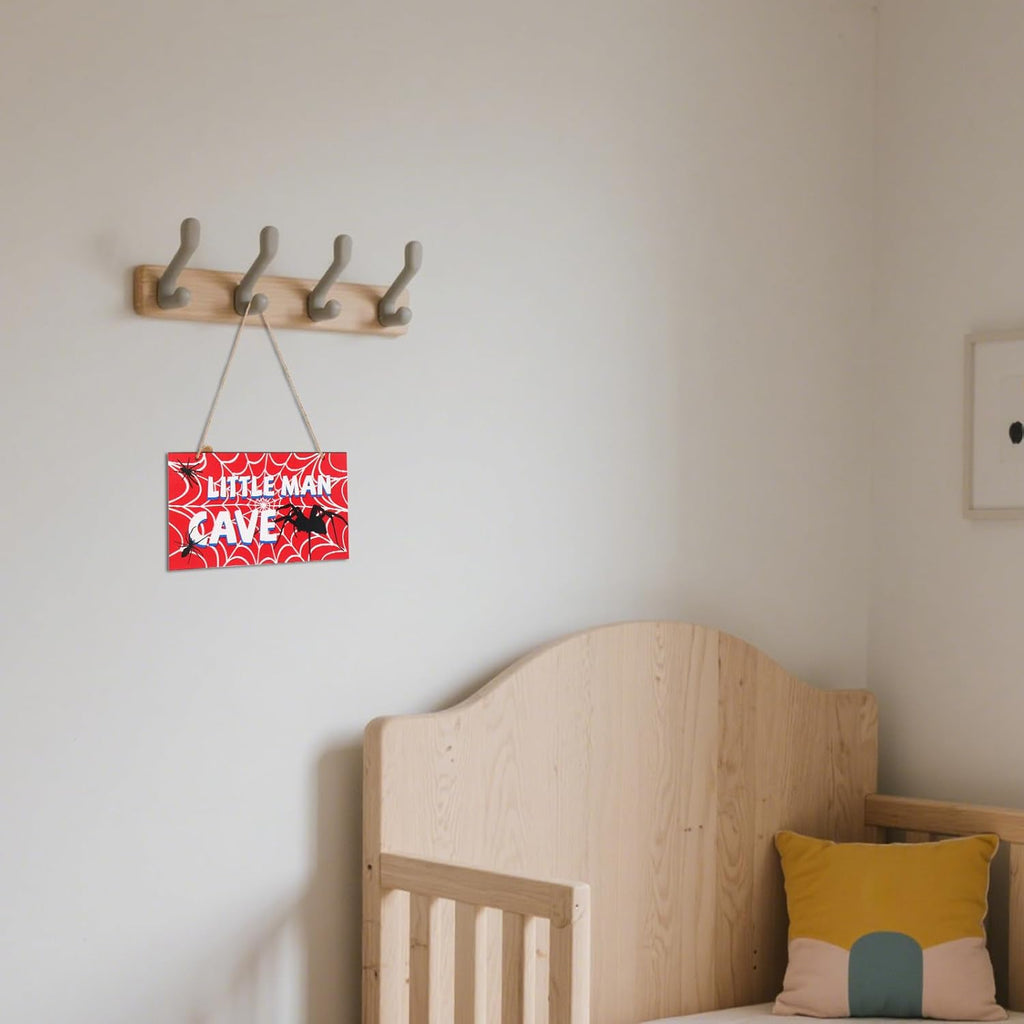 Spider Door Sign - 12x6in Red Wooden Nursery Decor | Spider Web Wall Art for Boys' Rooms