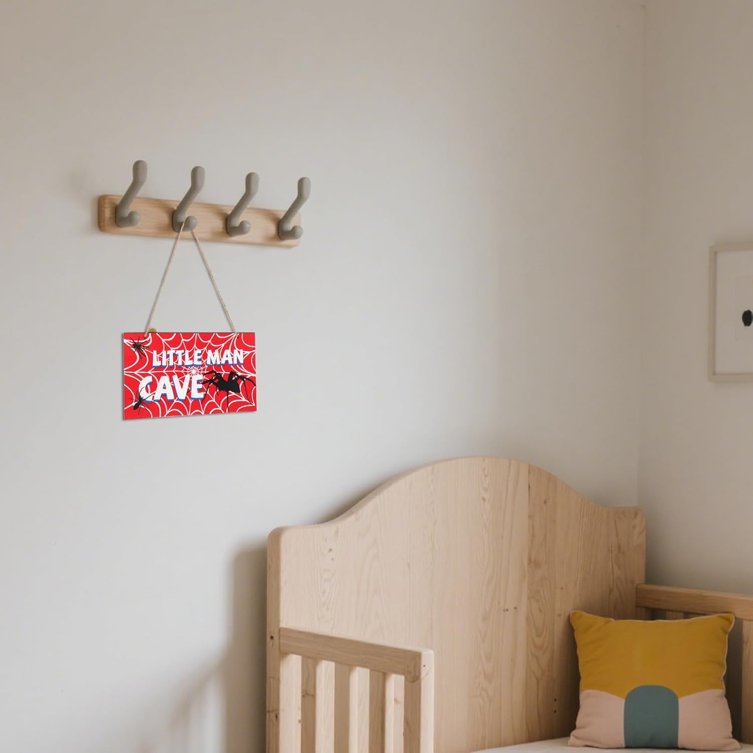 Spider Door Sign - 12x6in Red Wooden Nursery Decor | Spider Web Wall Art for Boys' Rooms