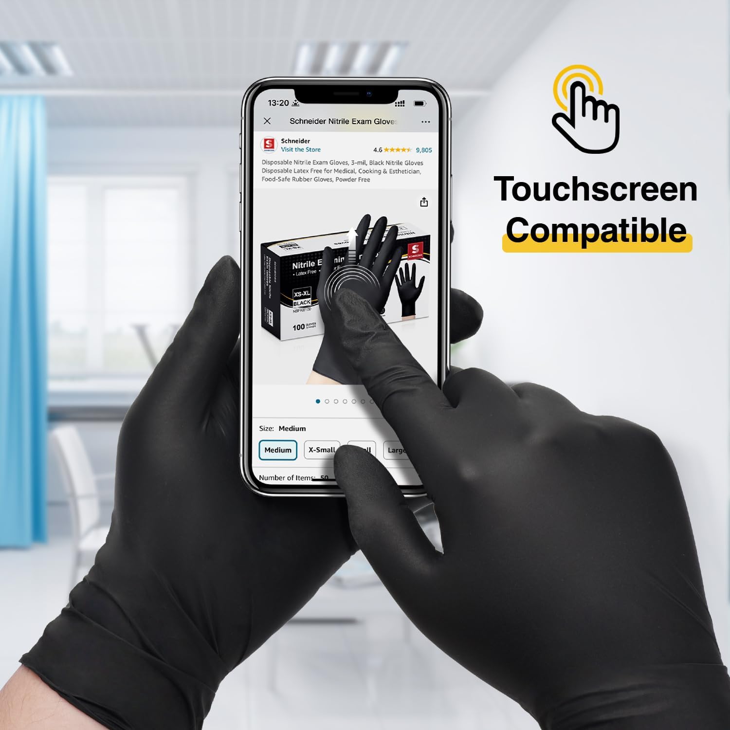 Schneider Nitrile Exam Gloves - Black Latex-Free, Powder-Free Disposable Gloves for Medical & Food Prep