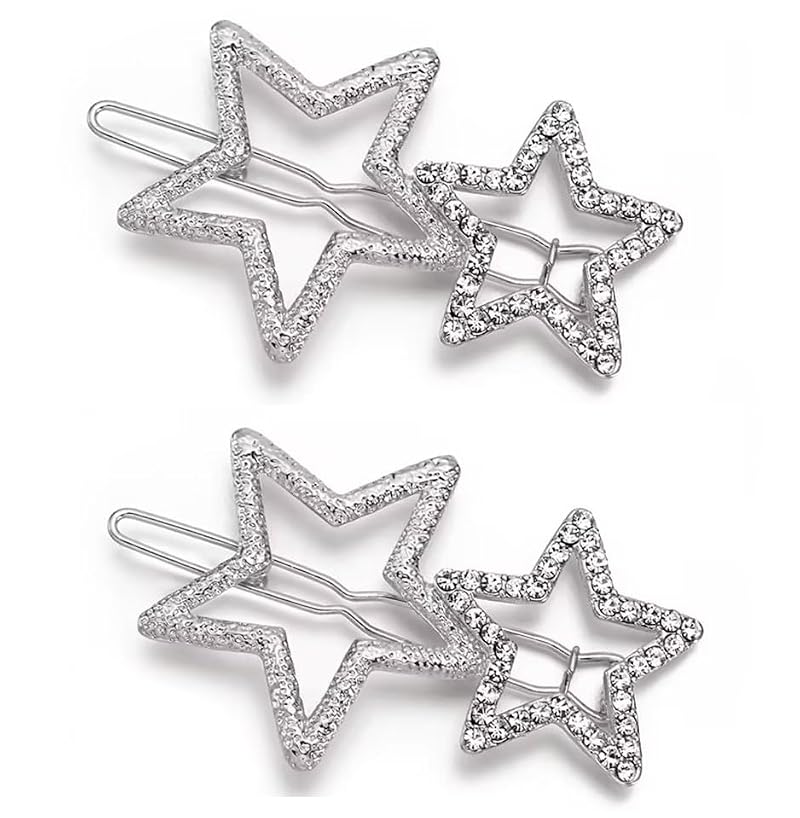Silver Bling Rhinestone Star Hair Clips Set - 2Pcs Metal Geometric Barrettes