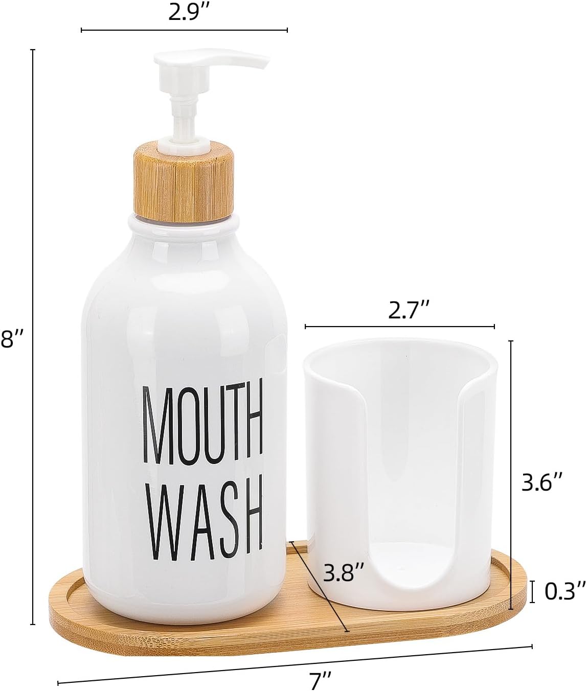 Skiennix Mouthwash Dispenser - Refillable 17oz Pump Bottle with Cup Holder & Tray for Bathroom Organization