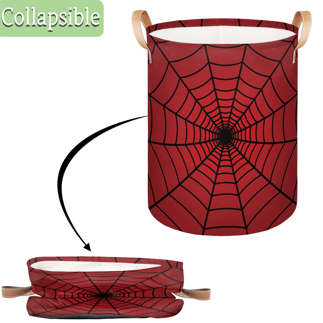 Red Spider Web Laundry Hamper Basket for Boys 18" Collapsible Polyester Sturdy & Lightweight Clothes Storage Bin with Handles for Kids Room Bedroom Bathroom Living
