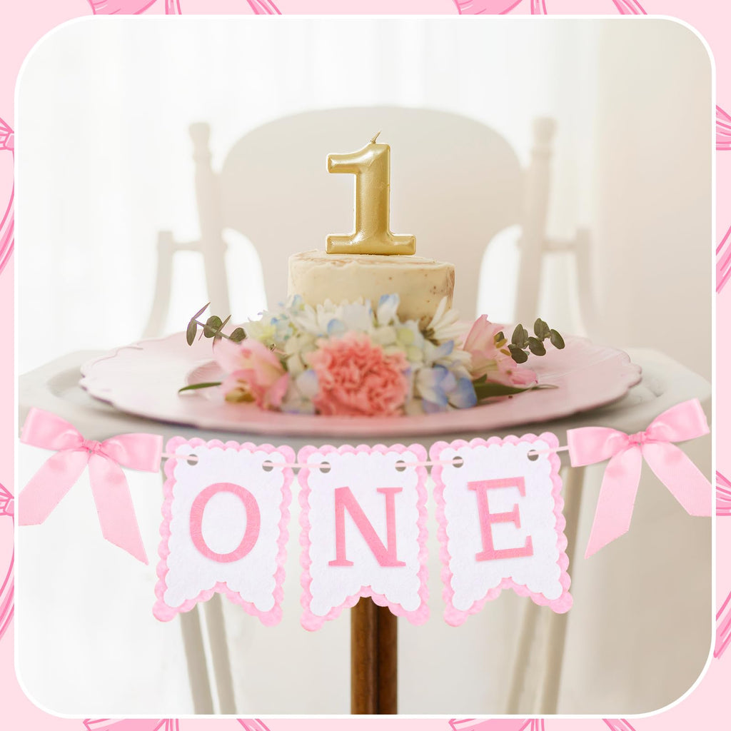 VitalCozy Pink One High Chair Banner for Girls Boys First Birthday High Chair Banner Sweet One Bow Floral Garland 1st Birthday Celebration Decorations (Classic)