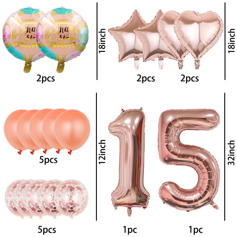 15th Birthday Decorations - 18 Pcs Rose Gold Balloon Set
