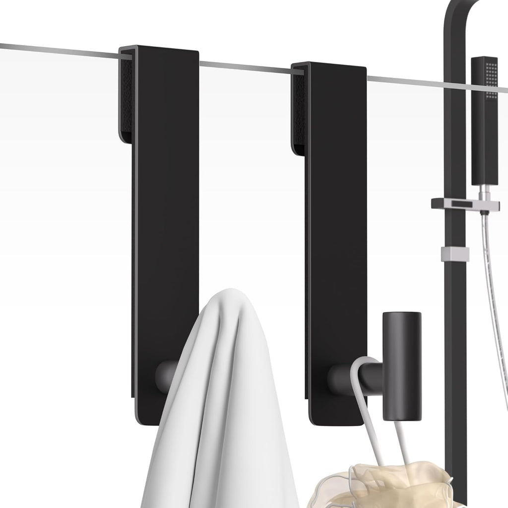 PMMASTO Shower Door Hooks - Heavy Duty Stainless Steel Towel Hangers for Frameless Glass Doors | 7.5 Inch, Black 'T' Shape (2 Pack)