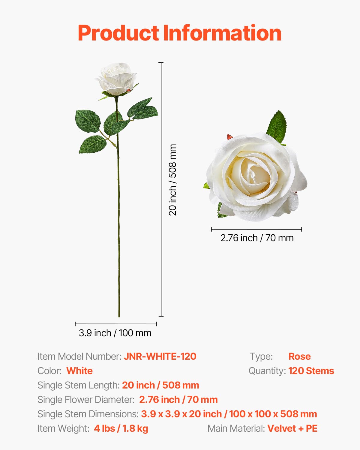 VEVOR Artificial Flowers, 120 pcs Real Looking White Foam Fake Roses Bulk, White Faux Bridal Shower with Stems for DIY Wedding Bouquets, Home Centerpieces Arrangements, Party Tables Decorations