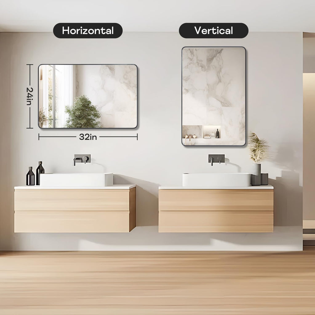 Regine Switzerland Black Framed Bathroom Mirror - Matte Rounded Corner Design | 24" x 32" Tempered Glass