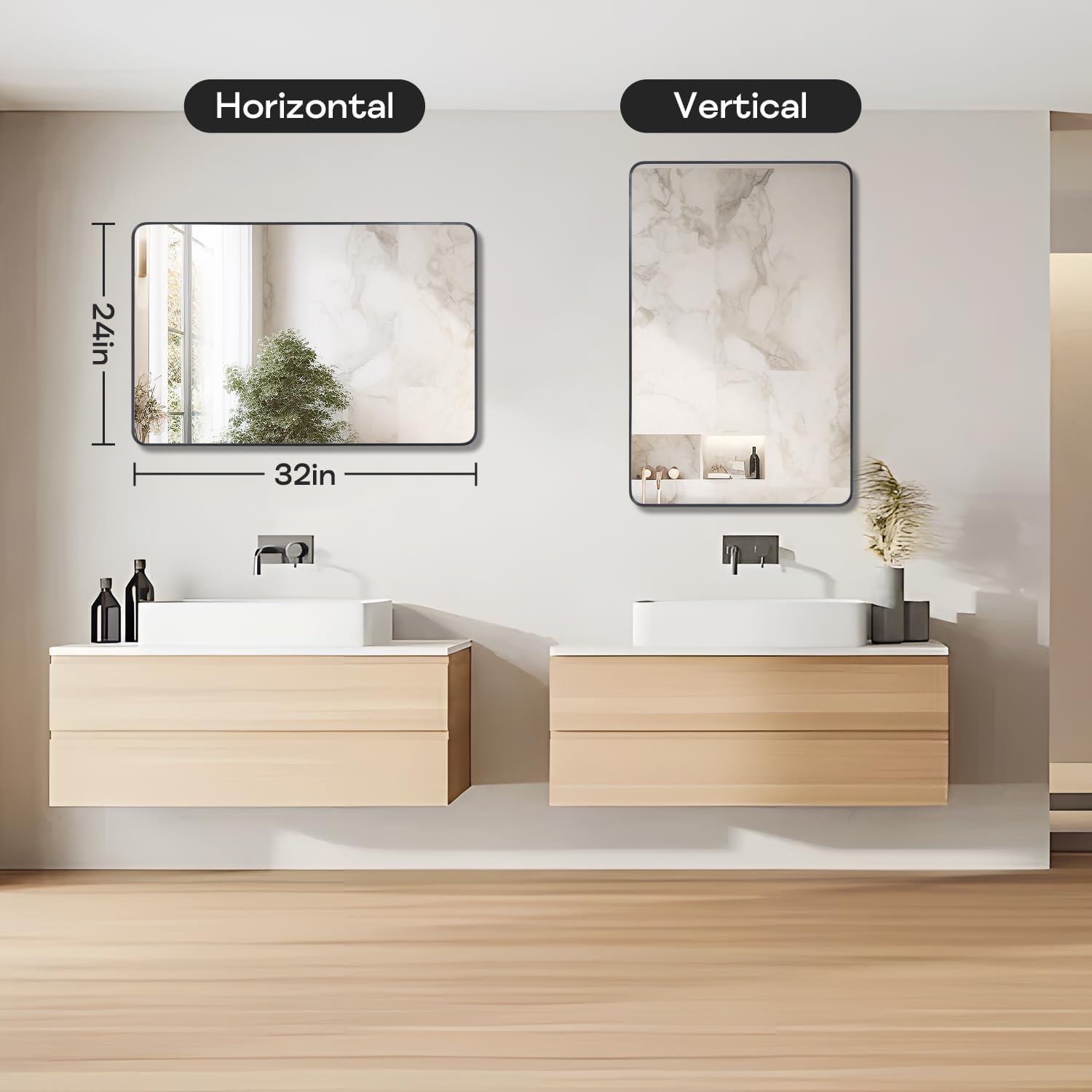 Regine Switzerland Black Framed Bathroom Mirror - Matte Rounded Corner Design | 24" x 32" Tempered Glass