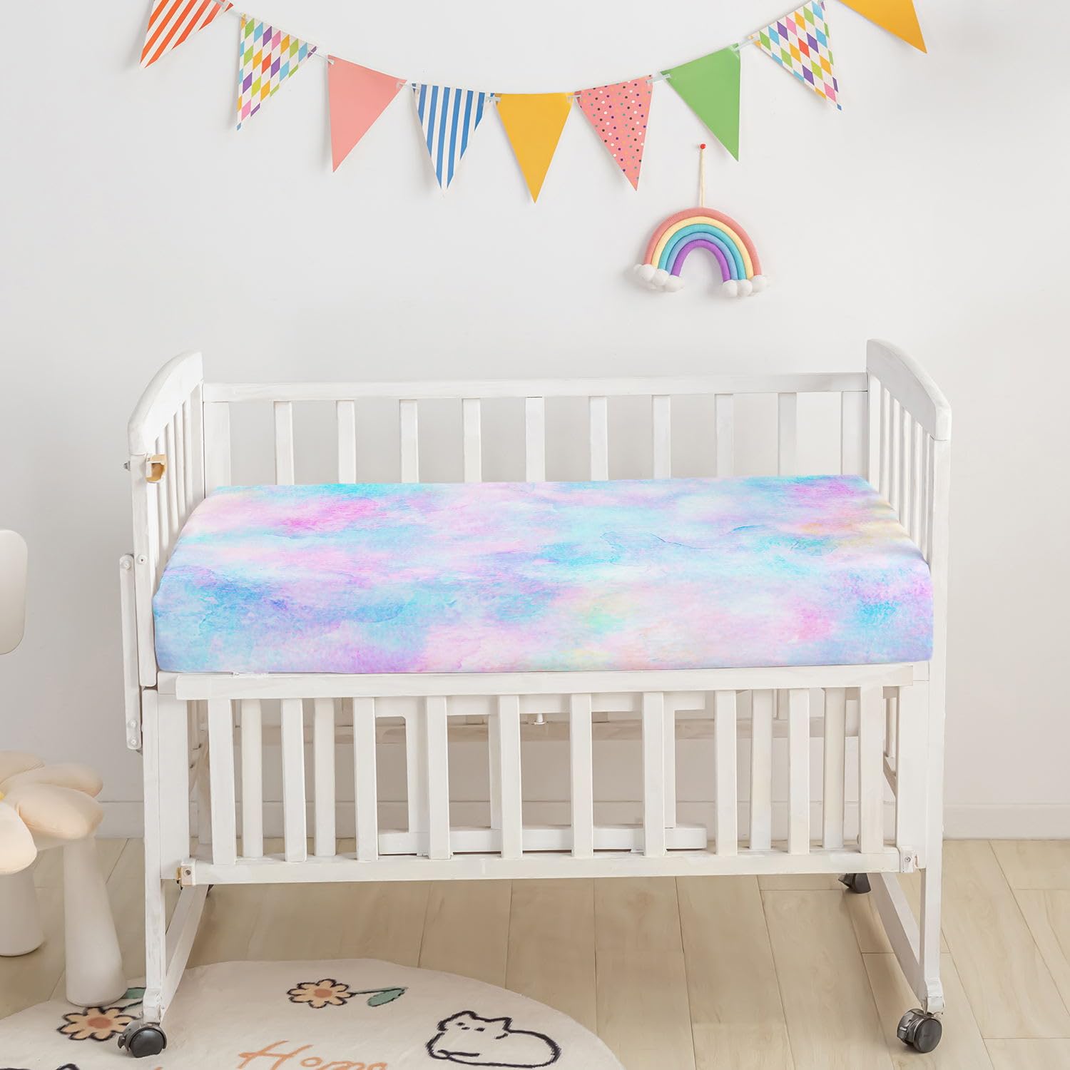 Datura Home Crib Bedding Set, 3-Piece Nursery Crib Bundle with Comforter, Crib Sheet & Skirt, Watercolor Butterfly Printed Bedding for Baby Boys & Girls (Butterfly Purple)