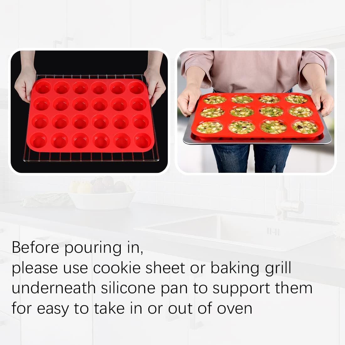 Silicone Muffin Pan Set by [Brand Name] - Mini 24-Cup & Regular 12-Cup Baking Tins for Egg Bites