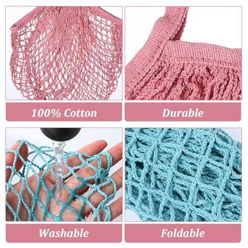 Mabor Mesh Tote Bag Set - Reusable Cotton Grocery Bags, Light Blue & Soft Pink