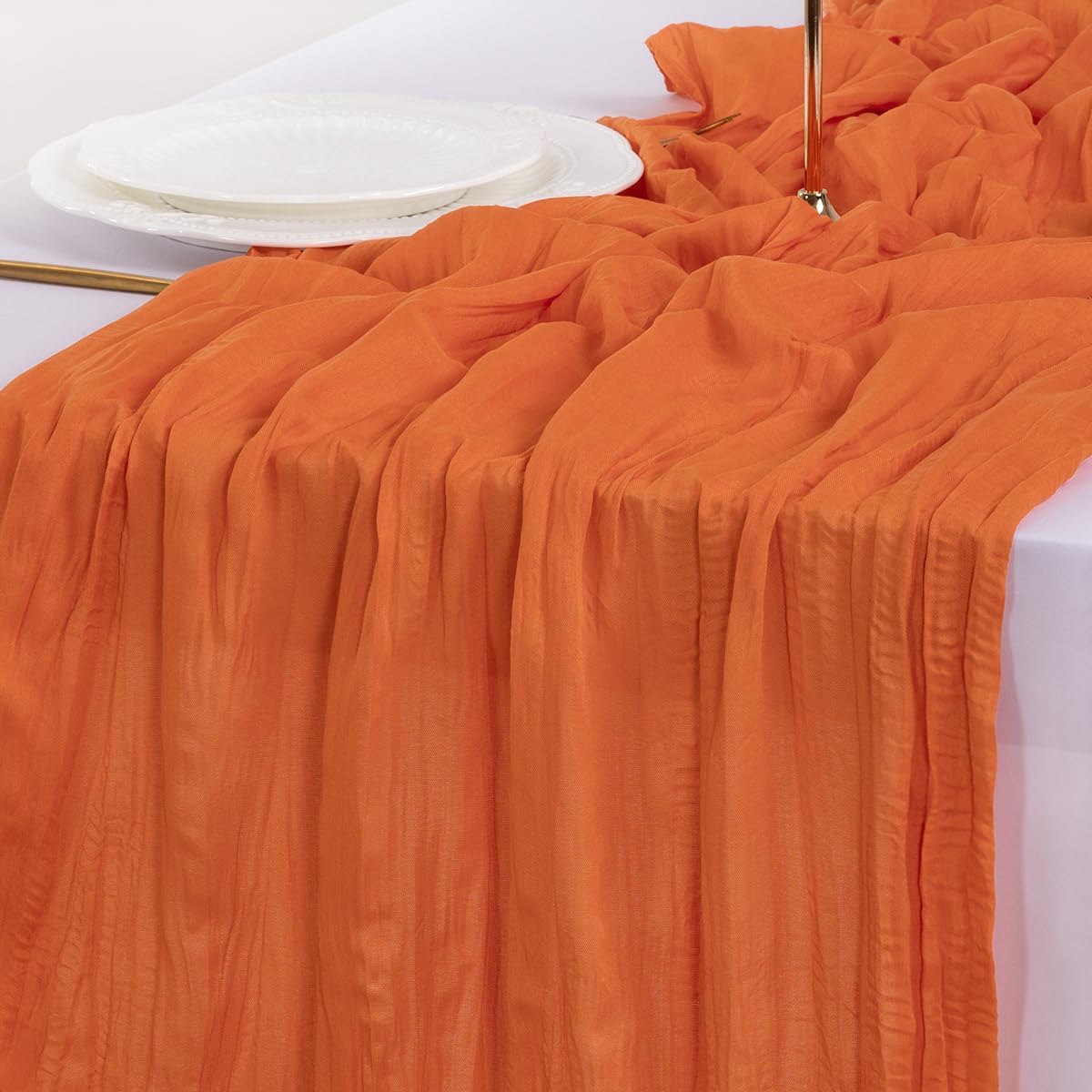 Socomi Cheesecloth Table Runner - 3pcs Orange Boho Rustic Design | 120 Inch Sheer Decor for Weddings & Events