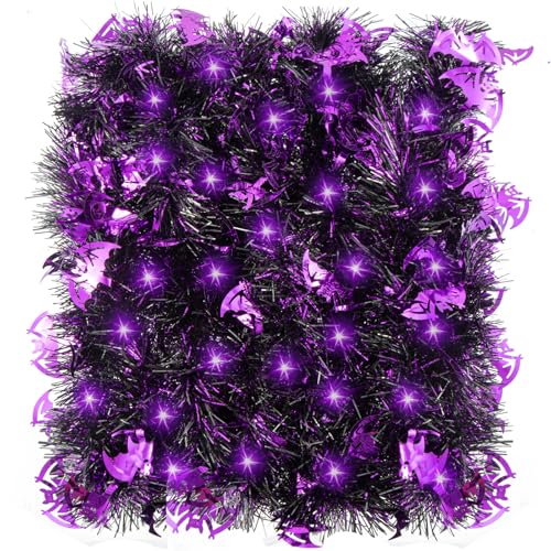20FT Halloween Tinsel Garland with Purple LED Lights - Battery Operated