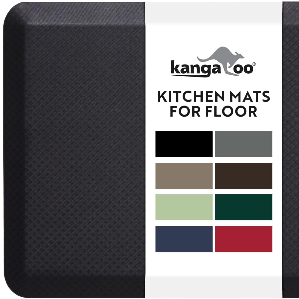 KANGAROO Anti Fatigue Mats for Kitchen Floor, 58x20, Reduce Foot, Knee, Back Pressure, 3/4 Inch Thick Cushioned Ergonomic Mat, Waterproof Comfort Rug for Under Sink, Standing Desk, Store Floors, Black