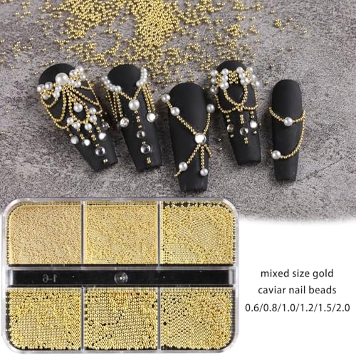 Gold Star Nail Charms and Caviar Beads Set - Y2K Metal Rhinestone Studs for Acrylic Nails DIY Manicure