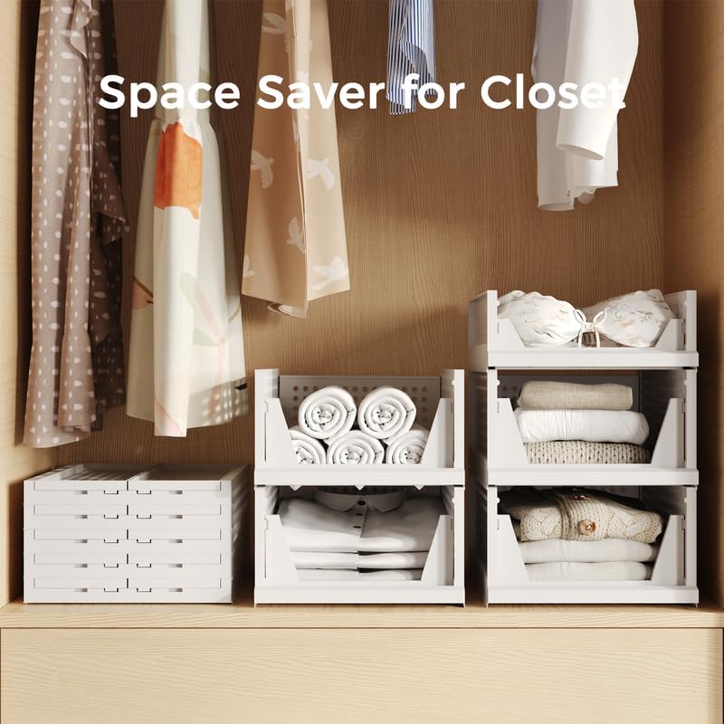 Pinkpum Stackable Plastic Storage Bins - 5 Pack Closet Organizers for Home & Office | White