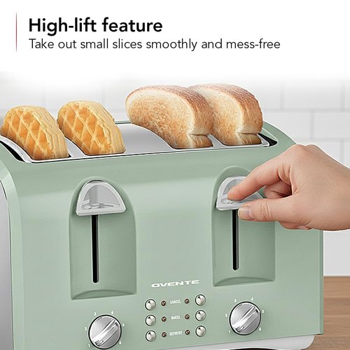 OVENTE Electric 4-Slice Toaster Machine with 6-Shade Selector Setting, Cancel Button, Defrost Function, Crumb Tray, 1400W Power and Wide Slots for Bagels, Waffles and Puff Pastry, Light Blue TS4410LBL