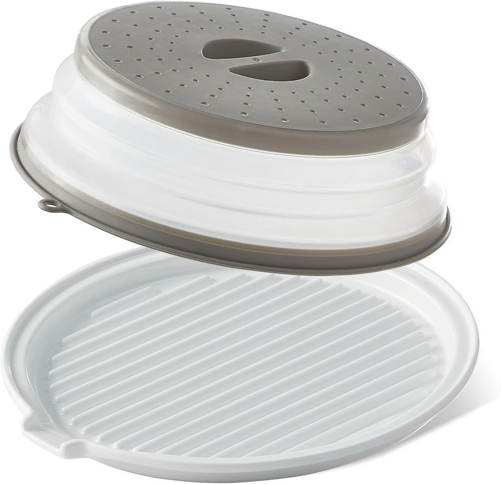 ONEMORE Microwave Bacon Tray - Ceramic Cooker for Crispy Bacon | 11-Inch Round Dish, White