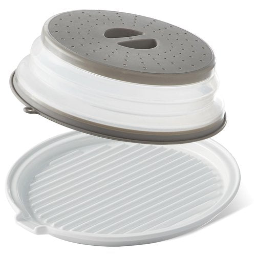 ONEMORE Microwave Bacon Tray with Lid Ceramic Bacon Cooker Meat Rack for Oven Cooking Crispy Bacon Maker with Cover - 11 inch Round Bacon Dish Plate, White