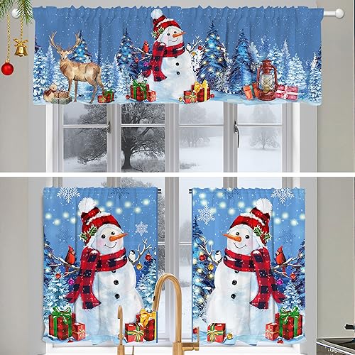 Christmas Snowman Kitchen Curtains Set - Blue, 54"W x 36"L, Pack of 3