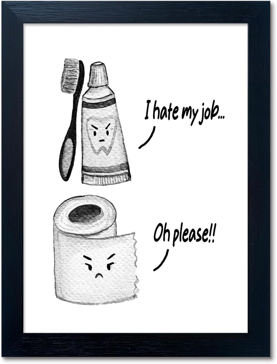 Regine Switzerland Kids Bathroom Decor - Funny Black and White Wall Art Print | Framed Toilet Paper & Toothbrush Design