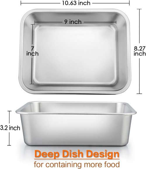E-far Lasagna Pan Set - 2 Rectangular Deep Baking Pans | Stainless Steel, Non-Toxic, Dishwasher Safe, 10.6x8.3x3.2 Inches