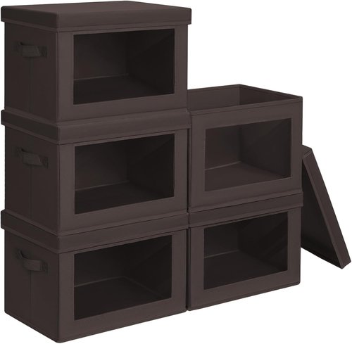 Homsorout Stackable Storage Bins - Large Fabric Baskets with Lids | Foldable Closet Organizer, 5 Pack, Brown