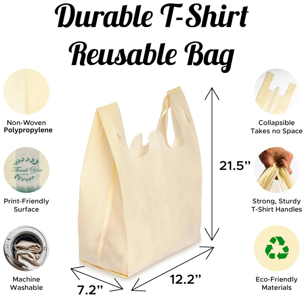 Simply Cool 50 Pack Reusable Eco-Friendly Grocery T-Shirt Shopping Bags 21.5”x12.2”x7.2”, Durable, Recyclable Shopping Bags Washable, Foldable, Portable Tote Bags Bulk