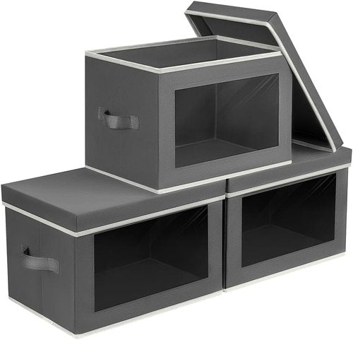 Homsorout Storage Bins - Collapsible Fabric Boxes with Lids & Windows | 3-Pack Dark Grey Closet Organizers