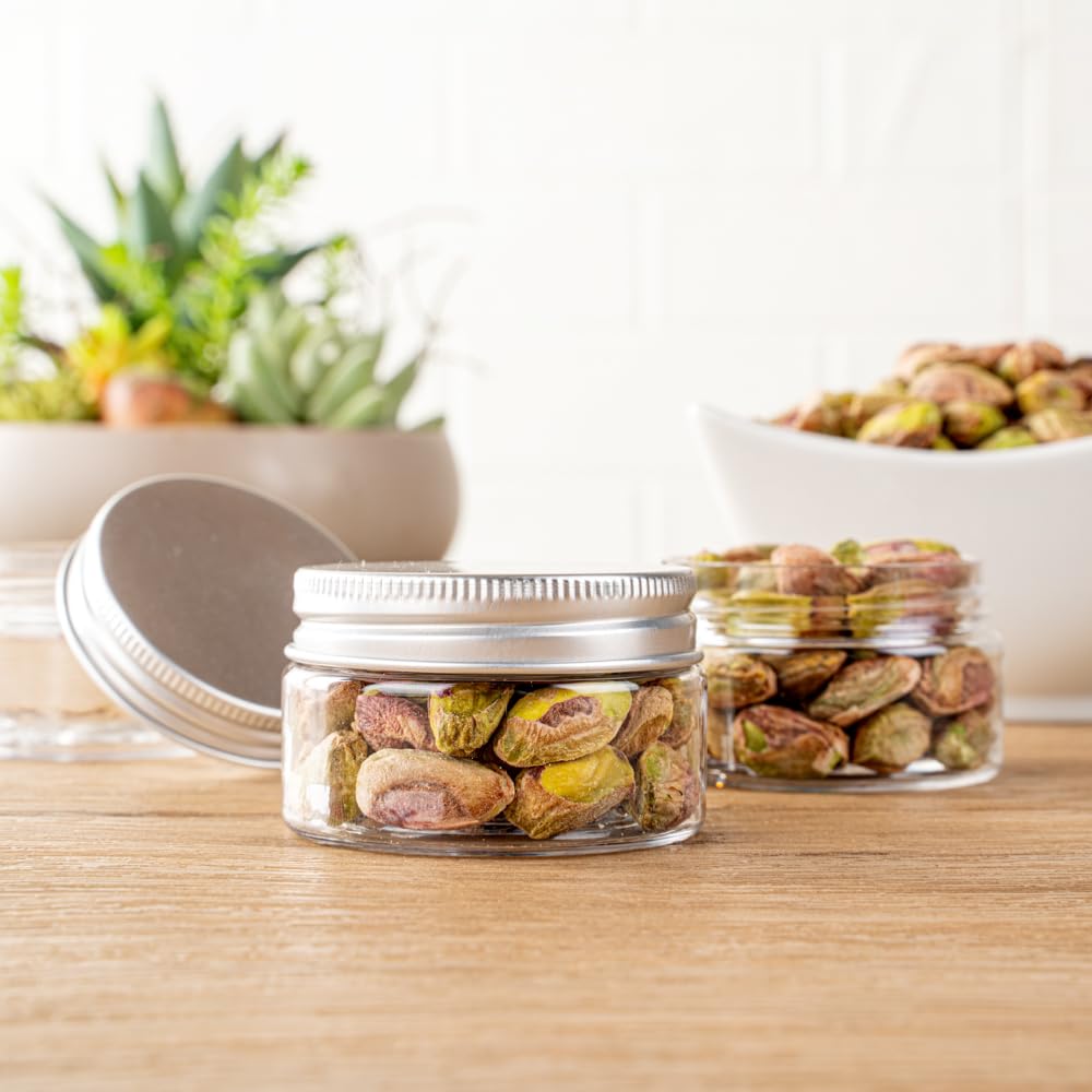 Restaurantware RW Base 1 Ounce Candy Jars 100 Durable Kitchen Storage Containers - Round Airtight Seal Clear Plastic Snack Jars With Silver Aluminum Lids For Table Display Or Candy Buffet