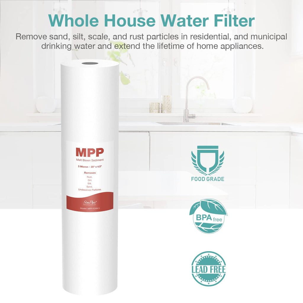 SimPure Sediment Water Filters, 5 Micron 20" x 4.5" Whole House Water Filter Replacement Compatible for SimPure DB20 Blue Housing, WGB22B, WGB32B, AP802, BB20B, BB20T, 2 Pack