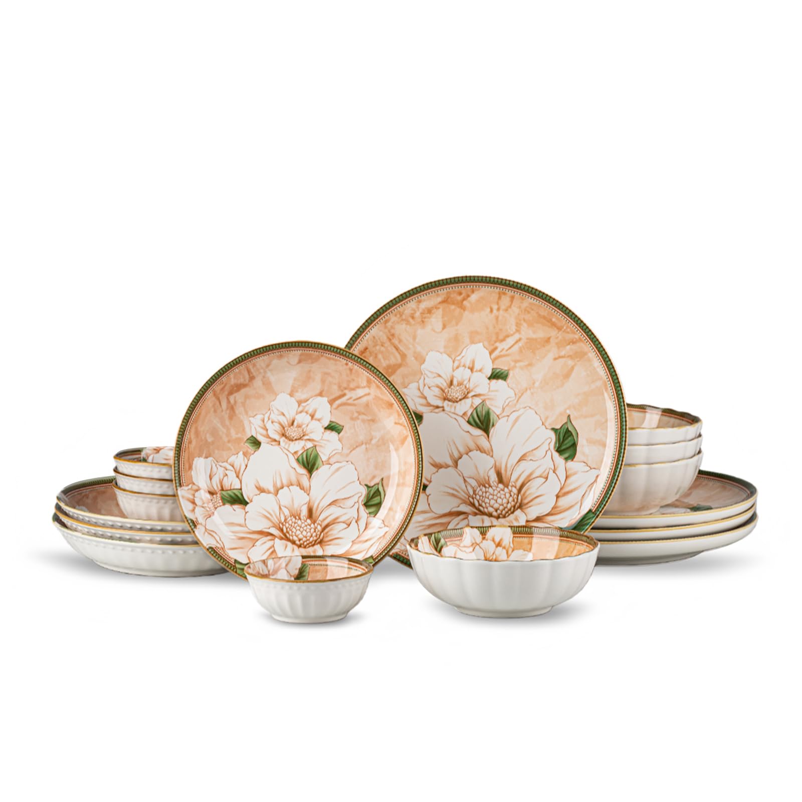 FANGJING 16-Piece Dinnerware Set for 4, Ceramic Plates and Bowls Sets, Microwave & Dishwasher Safe Dish Sets for Daily Use & Gifting, with Vintage Camellia Floral Pattern