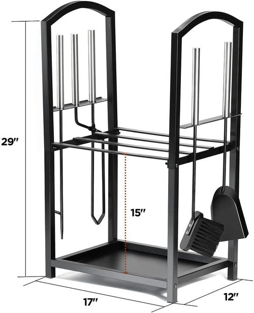 HOME IT Firewood Rack - 2-Tier Indoor/Outdoor Log Holder with Fireplace Tools Set | Waterproof Steel, Black - 17x12x29