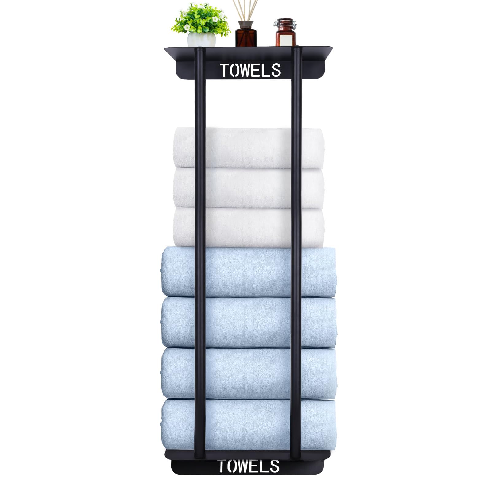 Bathroom Towel Storage Rack,30 Inch Towel Racks for Bathroom Wall Mounted with Shelf Can Holds 8 Large Towels, Metal Wall Towel Rack for Rolled Towels,Folded Towels (Black)